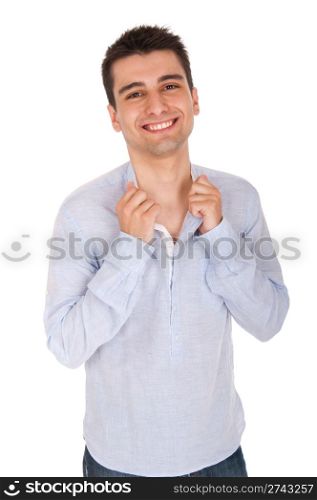 smiling young casual man posing, isolated on white background