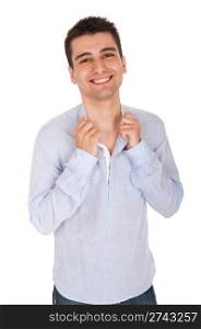 smiling young casual man posing, isolated on white background