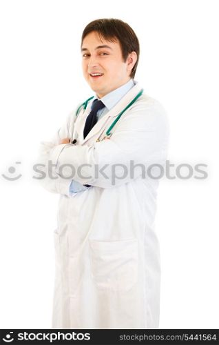 Smiling young doctor with crossed arms on chest isolated on white&#xA;