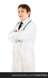 Smiling young doctor with crossed arms on chest isolated on white&#xA;