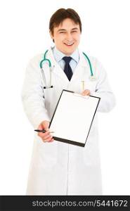 Smiling young doctor with documents and pen for signing isolated on white&#xA;