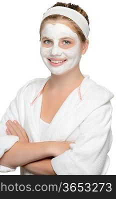 Smiling young girl facial mask waiting beauty treatment