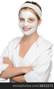 Smiling young girl facial mask waiting beauty treatment