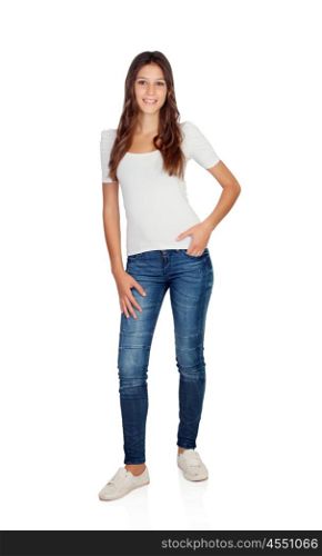Smiling young girl with jeans standing isolated on a white backgrund