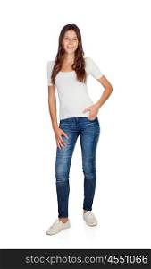 Smiling young girl with jeans standing isolated on a white backgrund