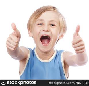 Smiling young little boy giving thumb up gesture, isolated