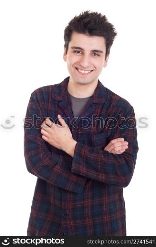 smiling young man portrait in pajamas isolated on white background