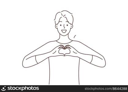 Smiling young man show heart hand gesture share care and support. Happy guy with love sign feel grateful and supportive. Gratitude and charity. Vector illustration. . Smiling man show heart hand gesture 