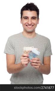 smiling young man showing his money, euro bills (isolated on white background)