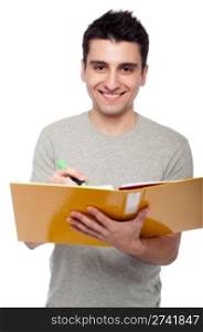 smiling young man studying with a dossier (isolated on white background)