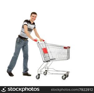 Smiling Young Man with Shopping Empty Cart