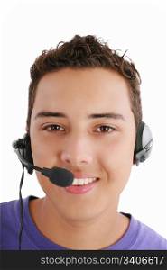 Smiling young man with telephone headset isolated on white background
