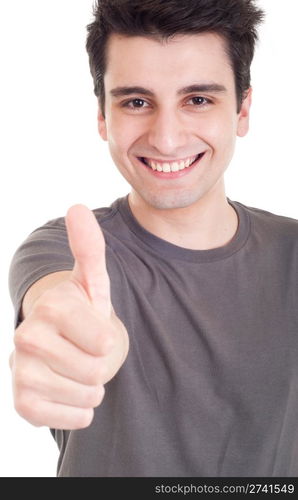 smiling young man with thumbs up on an isolated white background