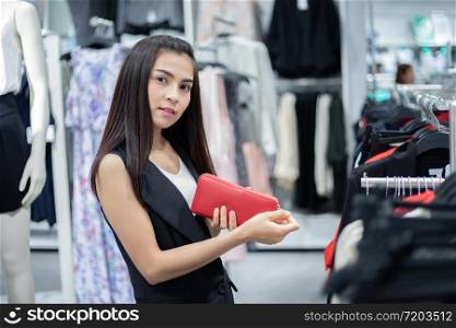 smiling young woman Asian with shopping and buy with credit card at mall/supermarket/market