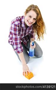 Smiling young woman cleaning floor with cleaning supplies isolated on white