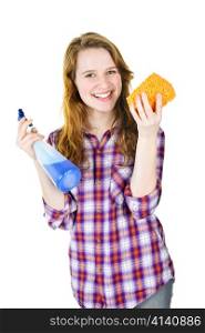Smiling young woman holding cleaning supplies isolated on white