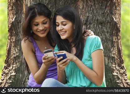 Smiling young women sitting against tree trunk using cell phone