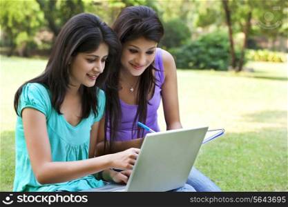Smiling young women taking notes from laptop