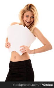 smilling girl holding paper in hands. studio shot