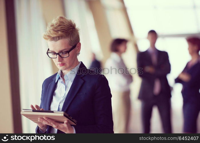 Smilling young business woman with tablet computer in front her team blured in background. Group of young business people. Modern bright startup office interior.