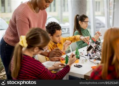 Smily African American female science teacher with group of kids programming electric toys and robots at robotics classroom