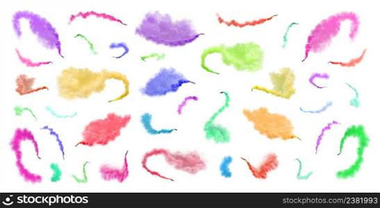 Smoke bomb set isolated. Explosion of colored smoke grenade set isolated on white. Colorful smoke bomb isolated.. Smoke grenades isolated on white. Multicolor smoke isolated . Colorful smoke cloud set