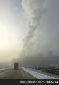 Smoke erupting from a factory, Prince George, British Columbia, Canada