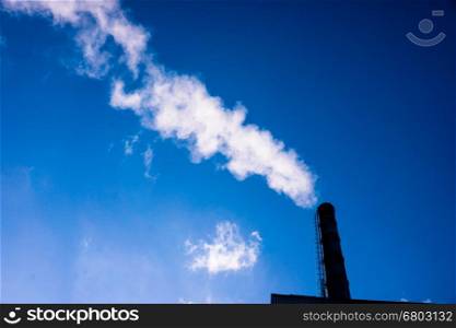 Smoke from smokestack. Smoke atmosphere emission. Dirty smoke on the sky, ecology problems