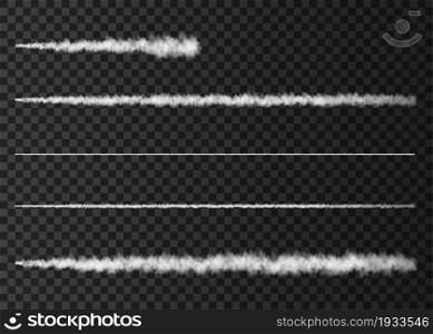 Smoke from space rocket launch. Foggy plane trail isolated on transparent background. Fog. Realistic vector texture.