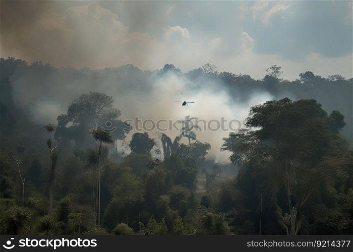 smoke rising from jungle clearing, where chopper has just landed with medical supplies, created with generative ai. smoke rising from jungle clearing, where chopper has just landed with medical supplies