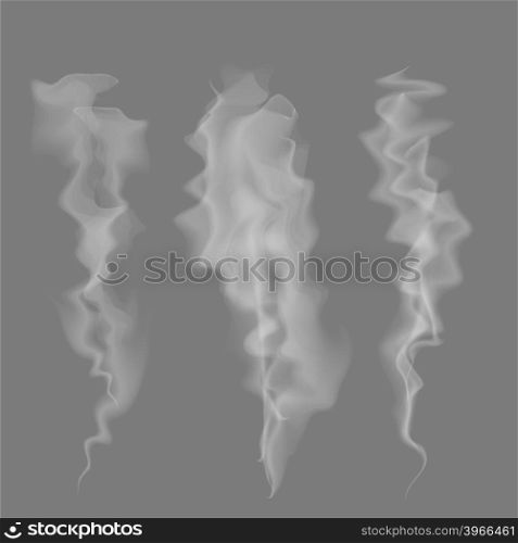 Smoke Set on Grey Background. Delicate White Cigarette Smoke Waves on Transparent Grey Background. Smoke Setd. Delicate White Cigarette Smoke Waves