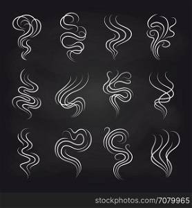 Smoke smell icons on blackboard. White smoke smell line icons on blackboard background. Vector illustration