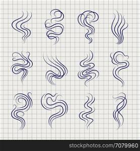 Smoke smell line sketch icons. Smoke smell line icons on notebook page. Vector illustration