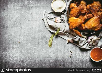 Smoked chicken wings with sauce. On a stone background.. Smoked chicken wings