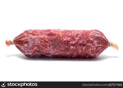 Smoked dry Salami sausage isolated on white background.. Smoked dry Salami sausage isolated on white background