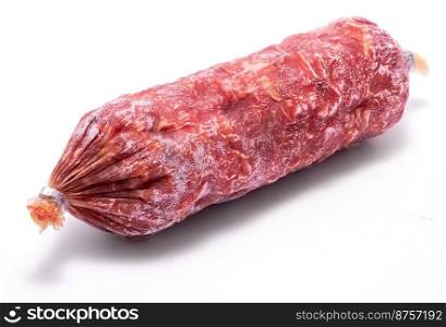 Smoked dry Salami sausage isolated on white background.. Smoked dry Salami sausage isolated on white background