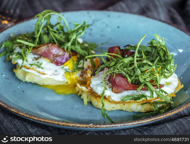 Smoked ham sandwich, rustic bread with eggs