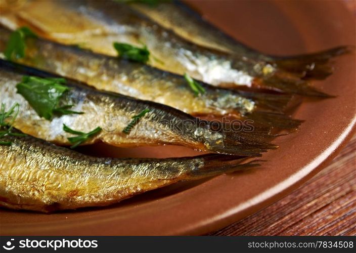 Smoked herring -home-style. closeup