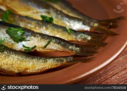Smoked herring -home-style. closeup