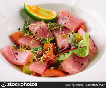 Smoked salmon salad in white bowl close up