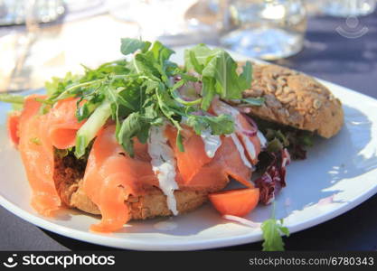 Smoked salmon sandwich with lettuce and cucumber