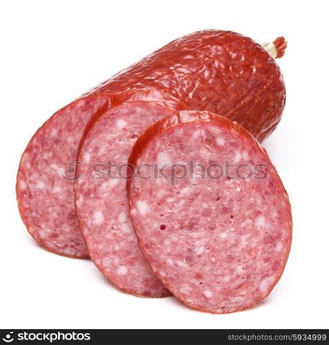 Smoked sausage salami isolated on white background cutout