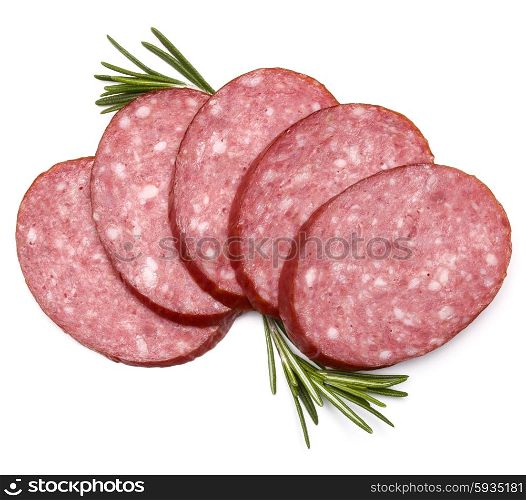 Smoked sausage salami slices isolated on white background cutout