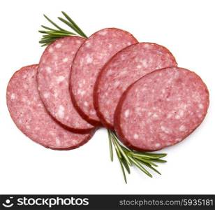 Smoked sausage salami slices isolated on white background cutout