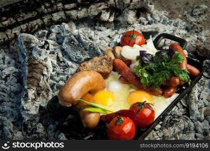 smoked sausages with tomatoes and eggs lie on charcoal. the dish is cooked and smoked on charcoal. a dish on cold coals