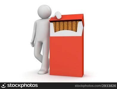 Smoker - Lifestyle collection. Fancy 3D character standing next to the opened pack of cigarettes. Pack&acute;s surface is empty for your text / logo.