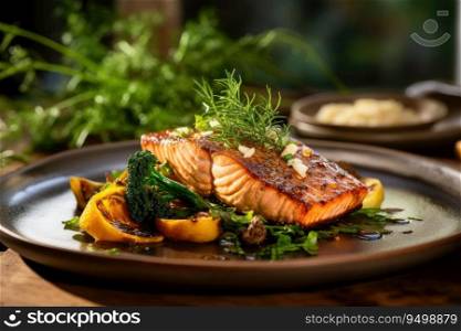 Smokey Grilled Baked salmon with Herbs Generative AI