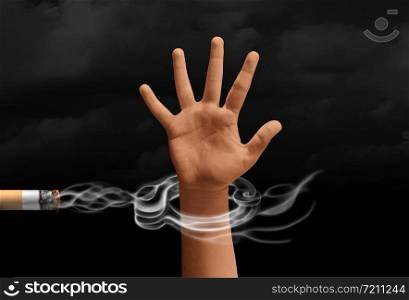 Smoking addiction concept and a smoker trapped by cigarette smoke as a handcuff with 3D illustration elements.