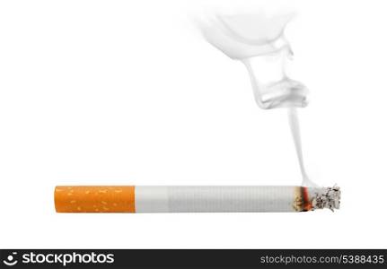 Smoking and burning cigarette isolated on white