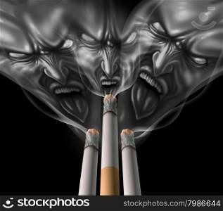 Smoking cigarette health crisis concept as a medical symbol of a tobaco product with second hand smoke shaped as a group of evil monsters as the grim reeper representing the fatal human medical risk for lung cancer and addiction to nicotene.
